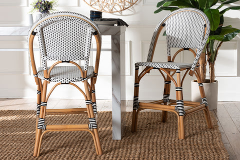 bali & pari Genica Classic French Two-Tone Black and White Weaving and Natural Rattan 2-Piece Counter Stool Set