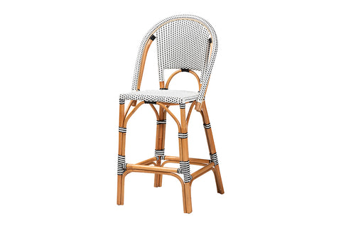bali & pari Genica Classic French Two-Tone Black and White Weaving and Natural Rattan Bar Stool