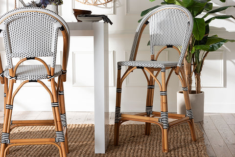 bali & pari Genica Classic French Two-Tone Black and White Weaving and Natural Rattan Bar Stool