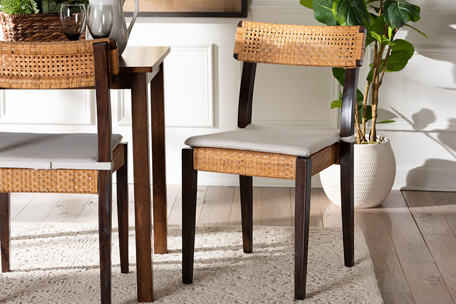bali & pari Zaila Bohemian Light Honey Rattan and Dark Brown Wood Dining Chair