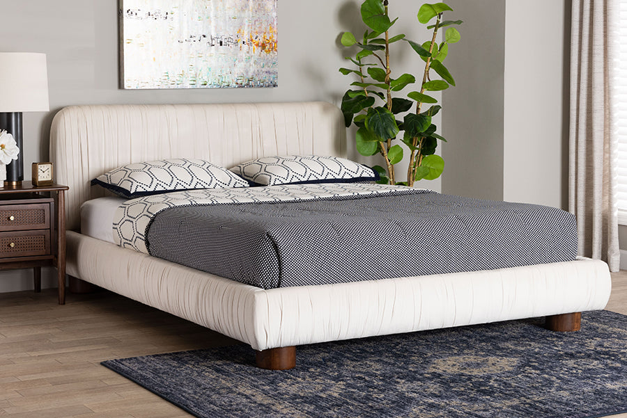 Baxton Studio Emsley Luxe Ivory Pleated Velvet Queen Size Platform Bed
