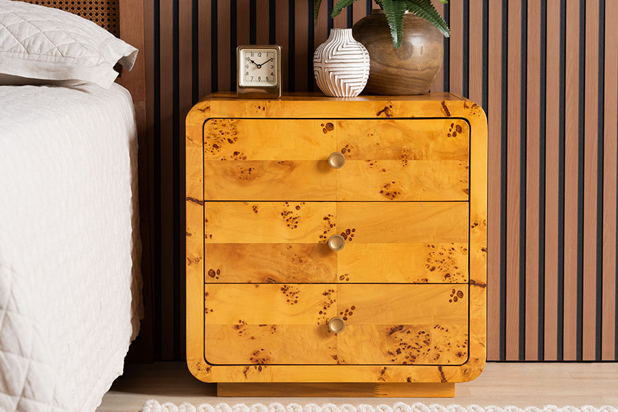 bali & pari Netra Modern and Contemporary Natural Real Burl Wood 3-Drawer Nightstand