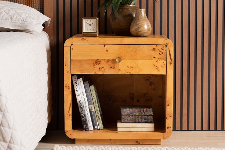 bali & pari Netra Modern and Contemporary Natural Real Burl Wood 1-Drawer Nightstand
