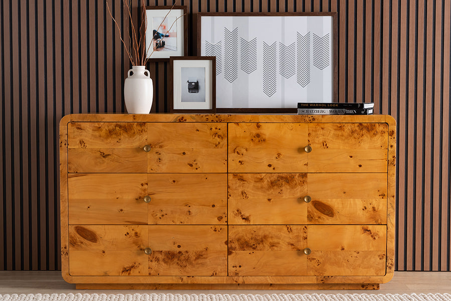 bali & pari Netra Modern and Contemporary Natural Real Burl Wood 6-Drawer Dresser