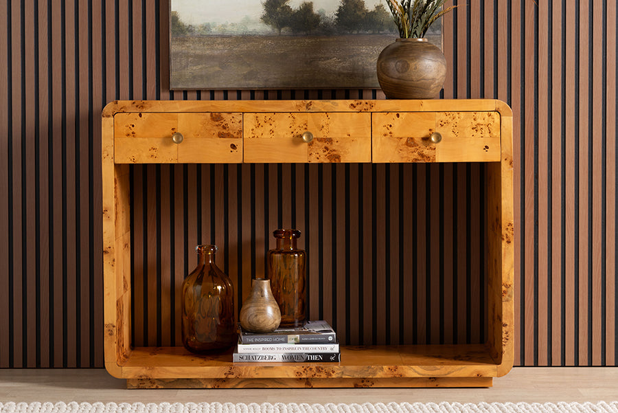 bali & pari Netra Modern and Contemporary Natural Real Burl Wood Console Table