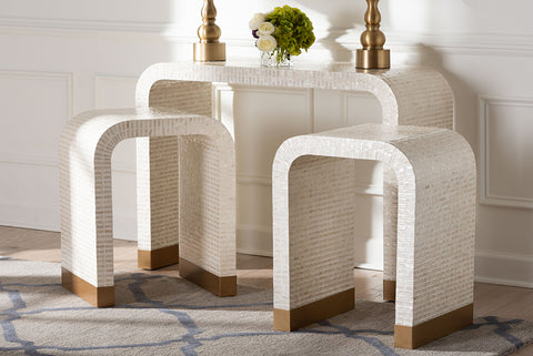 bali & pari Carlyn Coastal Beige and White Mother of Pearl Capiz Shell 3-Piece Accent Table Set