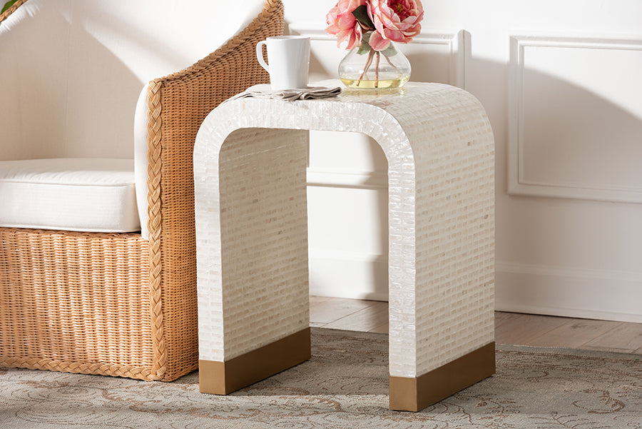bali & pari Carlyn Coastal Beige and White Mother of Pearl Capiz Shell End Table