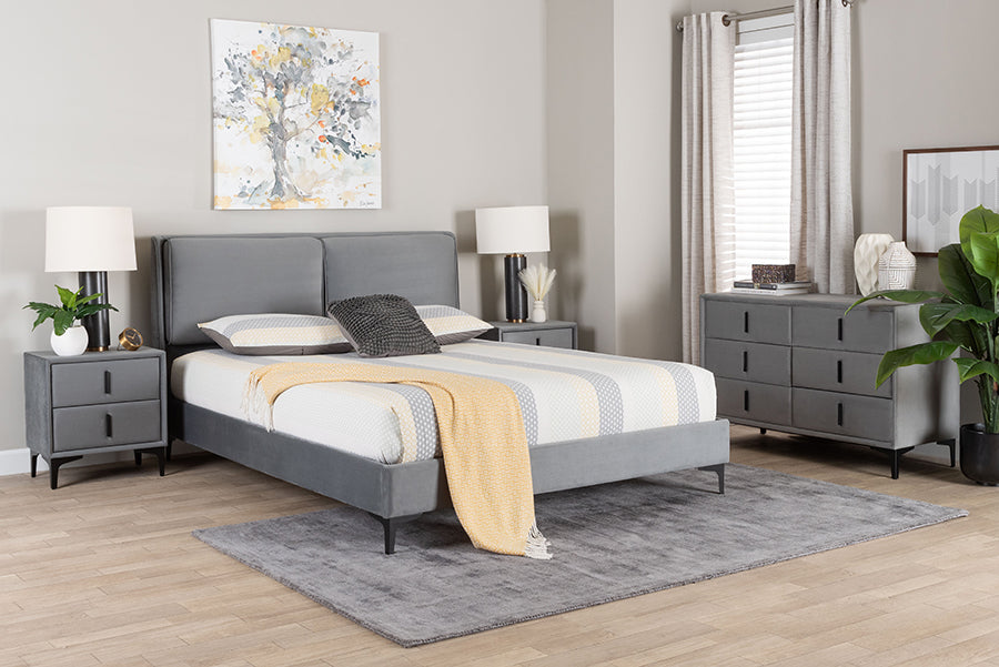 Baxton Studio Etienne Modern Slate Grey Velvet Queen 4-Piece Bedroom Set