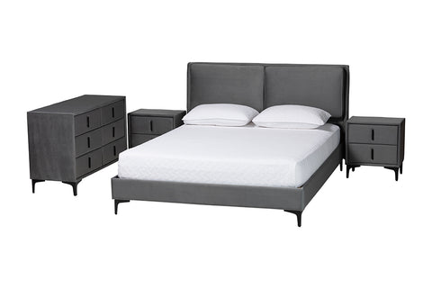 Baxton Studio Etienne Modern Slate Grey Velvet Queen 4-Piece Bedroom Set