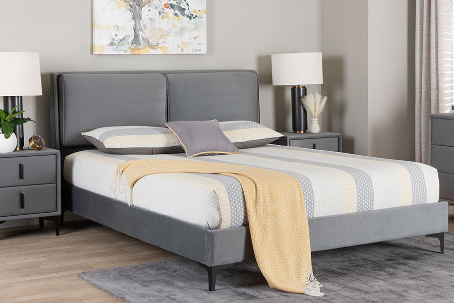 Baxton Studio Etienne Modern Slate Grey Velvet Queen Platform Bed