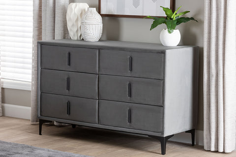 Baxton Studio Etienne Modern Slate Grey Velvet 6-Drawer Dresser
