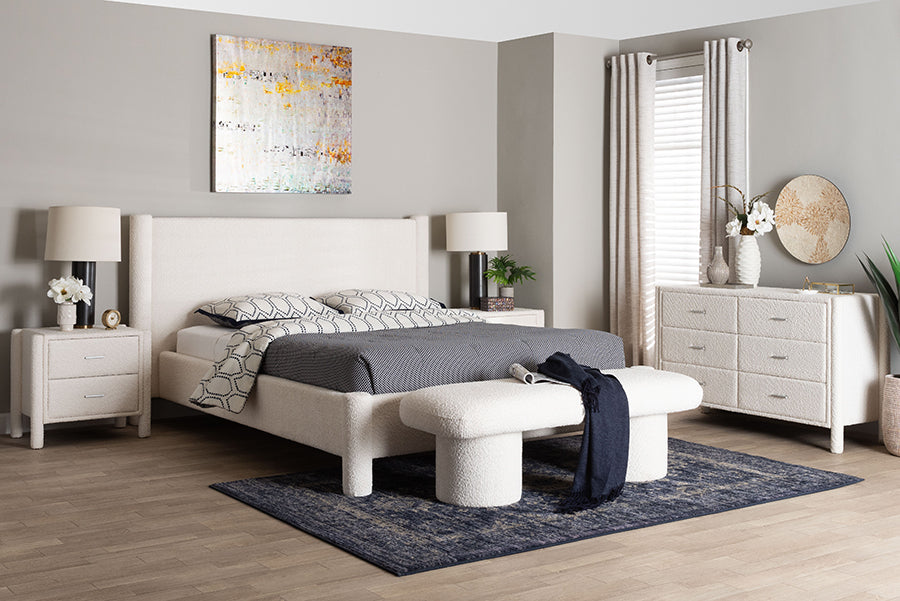 Baxton Studio Laria Modern White Teddy-Bear Fabric Queen Size 5-Piece Bedroom Set