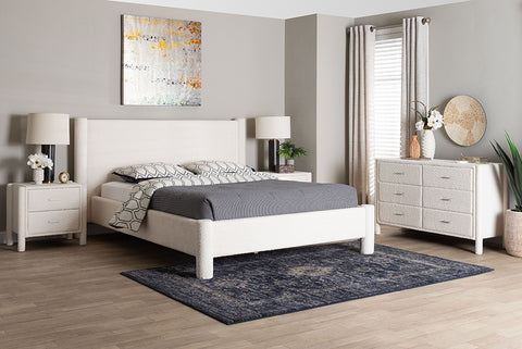 Baxton Studio Laria Modern White Teddy-Bear Fabric Queen Size 4-Piece Bedroom Set