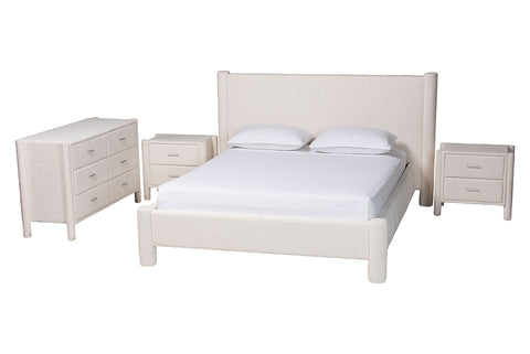 Baxton Studio Laria Modern White Teddy-Bear Fabric Queen Size 4-Piece Bedroom Set