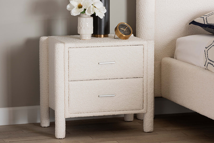 Baxton Studio Laria Modern White Teddy-Bear Fabric 2-Drawer Nightstand