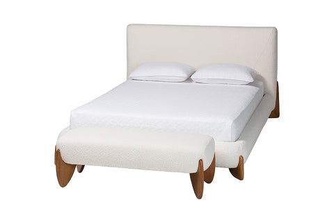 Baxton Studio Vinicio Mid-Century Modern Cream Boucle Queen Size 2-Piece Bedroom Set