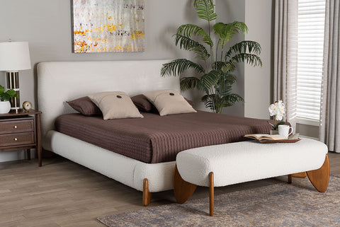 Baxton Studio Vinicio Mid-Century Modern Cream Boucle Queen Size 2-Piece Bedroom Set