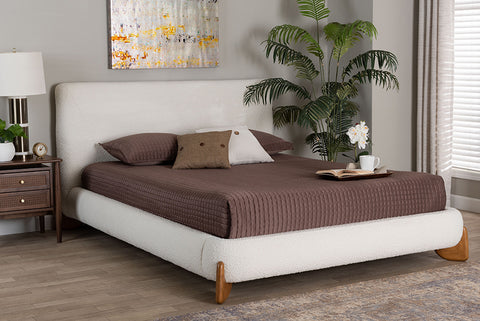 Baxton Studio Vinicio Mid-Century Modern Cream Boucle King Platform Bed