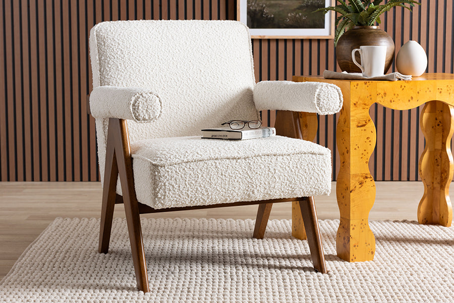 Baxton Studio Georgina Japandi Cream Boucle and Walnut Brown Wood Accent Chair