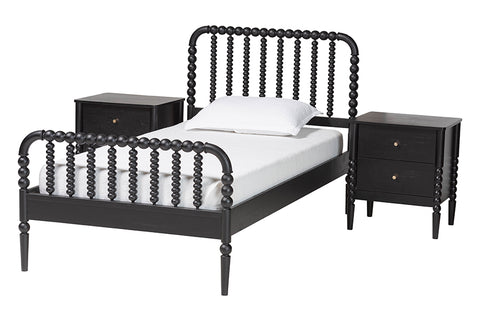Baxton Studio Lucera Mid-Century Black Full Size 3-Piece Bobbin Bedroom Set