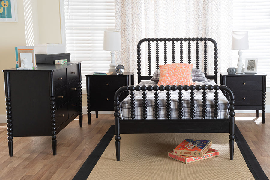 Baxton Studio Lucera Mid-Century Black Twin Size 4-Piece Bobbin Bedroom Set