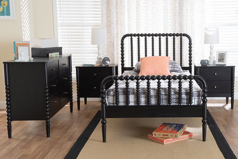 Baxton Studio Lucera Mid-Century Black Full Size 4-Piece Bobbin Bedroom Set