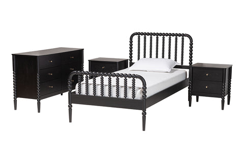Baxton Studio Lucera Mid-Century Black Full Size 4-Piece Bobbin Bedroom Set