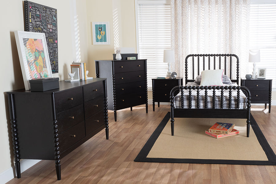 Baxton Studio Lucera Mid-Century Black Twin Size 5-Piece Bobbin Bedroom Set