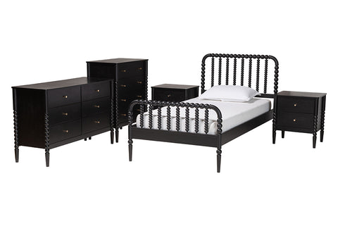 Baxton Studio Lucera Mid-Century Black Full Size 5-Piece Bobbin Bedroom Set
