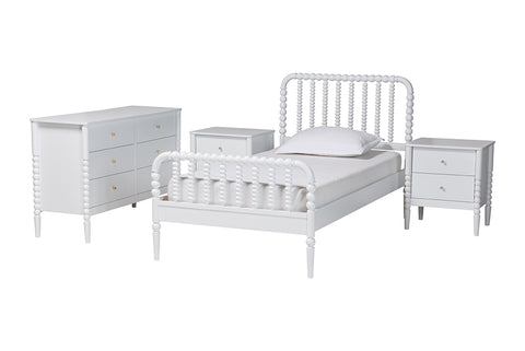 Baxton Studio Lucera Mid-Century White Twin Size 4-Piece Bobbin Bedroom Set