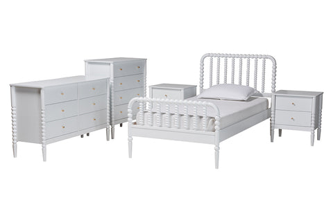 Baxton Studio Lucera Mid-Century White Twin Size 5-Piece Bobbin Bedroom Set