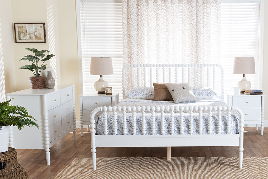 Baxton Studio Lucera Mid-Century White Queen Size 4-Piece Bobbin Bedroom Set