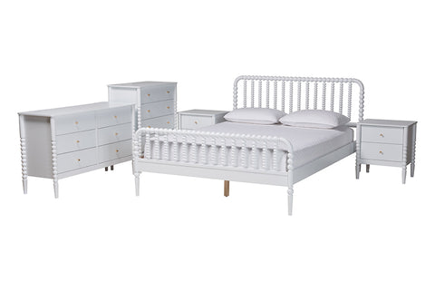 Baxton Studio Lucera Mid-Century White Full Size 5-Piece Bobbin Bedroom Set