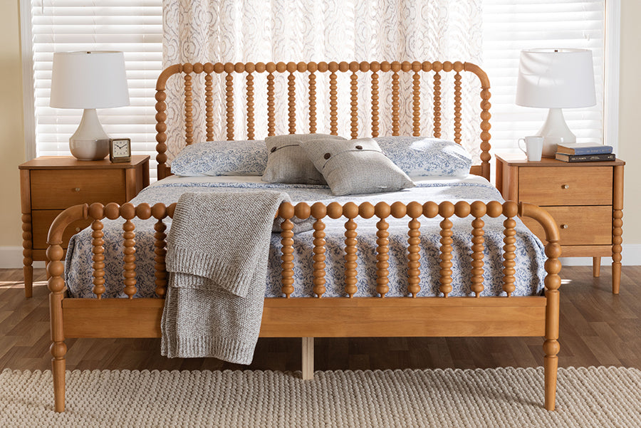 Baxton Studio Lucera Mid-Century Oak Brown Queen Size 3-Piece Bobbin Bedroom Set