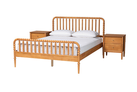 Baxton Studio Lucera Mid-Century Oak Brown Queen Size 3-Piece Bobbin Bedroom Set