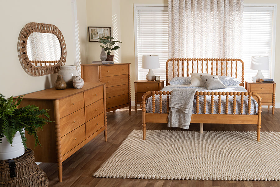 Baxton Studio Lucera Mid-Century Oak Brown Queen Size 5-Piece Bobbin Bedroom Set