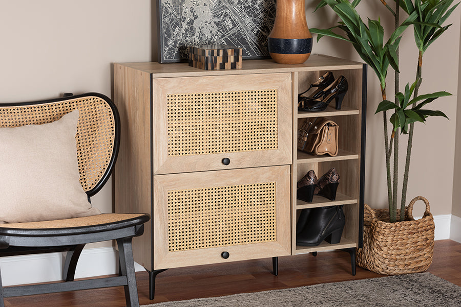 Baxton Studio Malcolm Mid-Century Modern Oak Brown Wood Shoe Cabinet with Flipper Doors