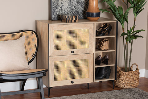 Baxton Studio Malcolm Mid-Century Modern Oak Brown Wood Shoe Cabinet with Flipper Doors