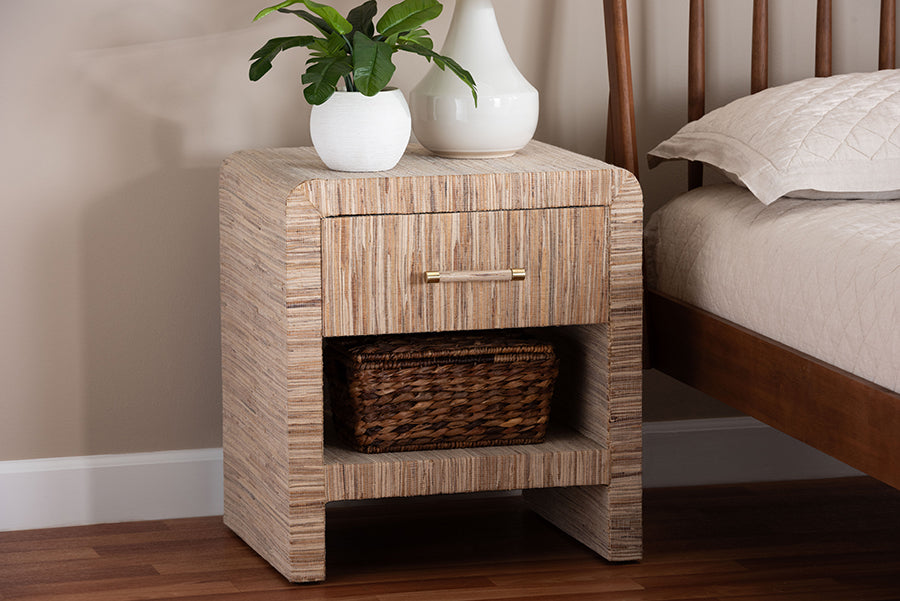 bali & pari Callan Bohemian Woven Natural Grasscloth 1-Drawer Nightstand
