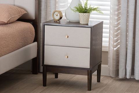 Baxton Studio Nikolai Mid-Century Beige Fabric and Wenge Brown Wood 2-Drawer Nightstand