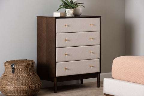 Baxton Studio Nikolai Mid-Century Beige Fabric and Wenge Brown Wood 4-Drawer Chest