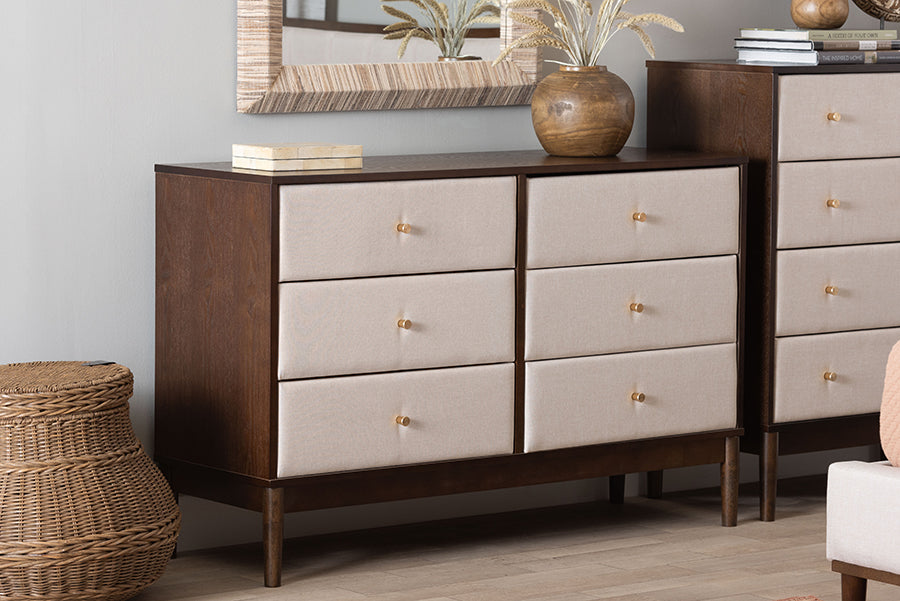 Baxton Studio Nikolai Mid-Century Beige Fabric and Wenge Brown Wood 6-Drawer Dresser