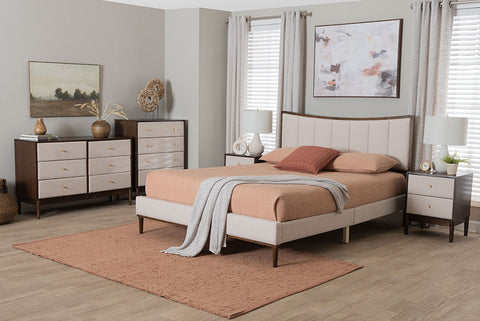 Baxton Studio Nikolai Mid-Century Channel Tufted Beige Fabric and Wenge Brown Wood 5-Piece Queen Bedroom Set