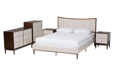 Baxton Studio Nikolai Mid-Century Channel Tufted Beige Fabric and Wenge Brown Wood 5-Piece Queen Bedroom Set
