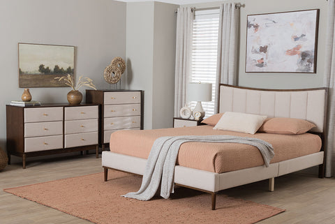 Baxton Studio Nikolai Mid-Century Channel Tufted Beige Fabric and Wenge Brown Wood 4-Piece Queen Bedroom Set