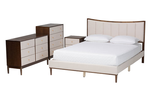 Baxton Studio Nikolai Mid-Century Channel Tufted Beige Fabric and Wenge Brown Wood 4-Piece Queen Bedroom Set