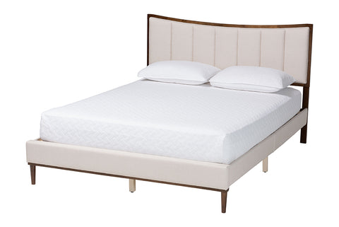 Baxton Studio Nikolai Mid-Century Channel Tufted Beige Fabric and Wenge Brown Wood Queen Bed