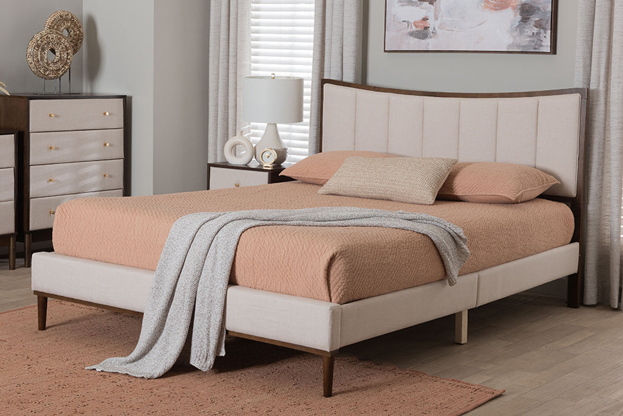Baxton Studio Nikolai Mid-Century Channel Tufted Beige Fabric and Wenge Brown Wood Queen Bed