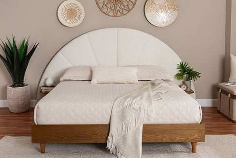 Baxton Studio Bernice Japandi Cream Boucle and Walnut Brown Wood King Bed