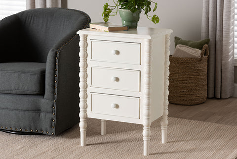 Baxton Studio Malinda Classic White Wood 3-Drawer End Table with Spindle Legs